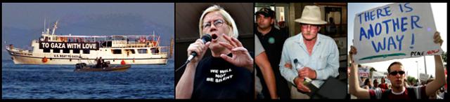 The criminal boat, Ann Wright and Captain John Klusmire in handcuffs headed to a hearing